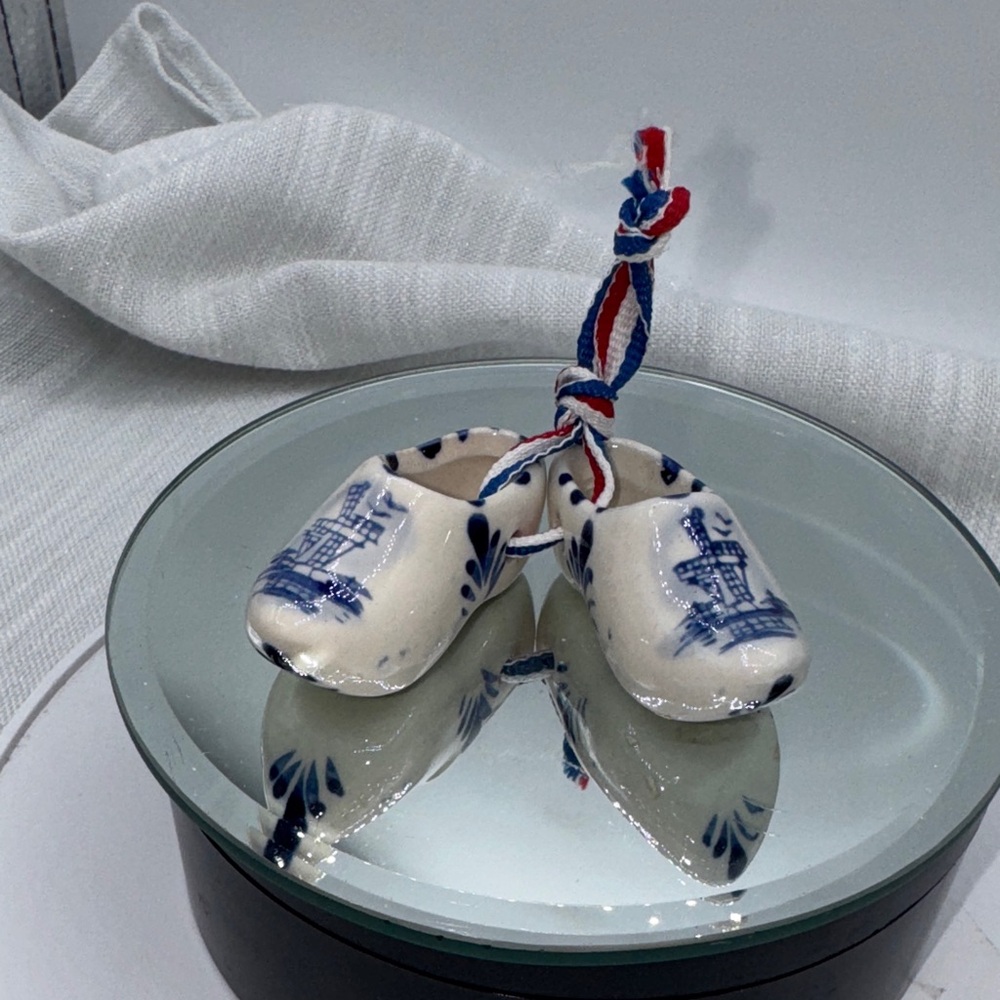 Holland Miniature Shoes, White With Blue Windmills Hanging From A Ribbon vintage
